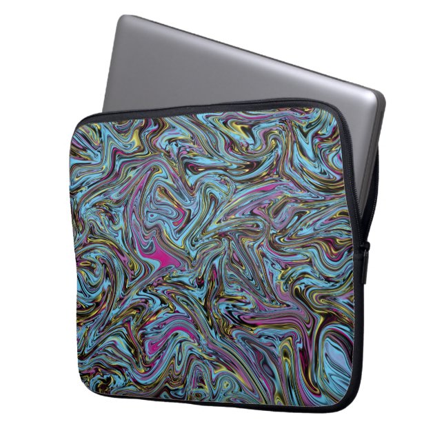 Abstracte zwarte roze blauwgeel laptop sleeve (Voorkant Links)
