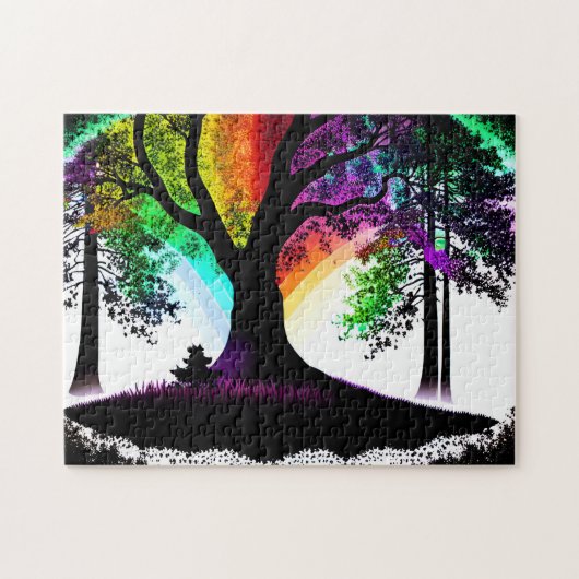 Abstracte zwarte silhouetbomen en gekleurde blader legpuzzel (Horizontaal)