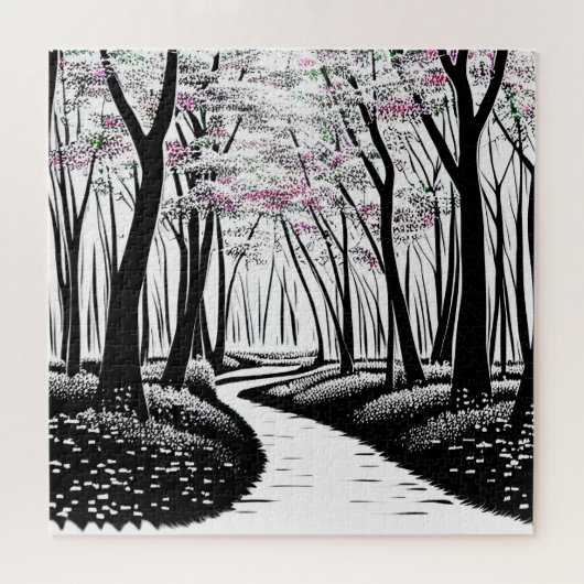Abstracte zwarte silhouetbomen met Paarse bladeren Legpuzzel (Horizontaal)