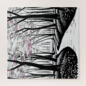 Abstracte zwarte silhouetbomen met Paarse bladeren Legpuzzel (Verticaal)
