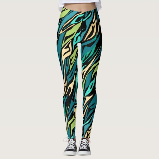 Abstracte zwarte turquoise leggings (Voorkant)