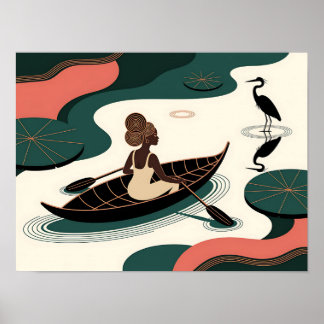 Abstracte zwarte vrouw peddelt in kano poster