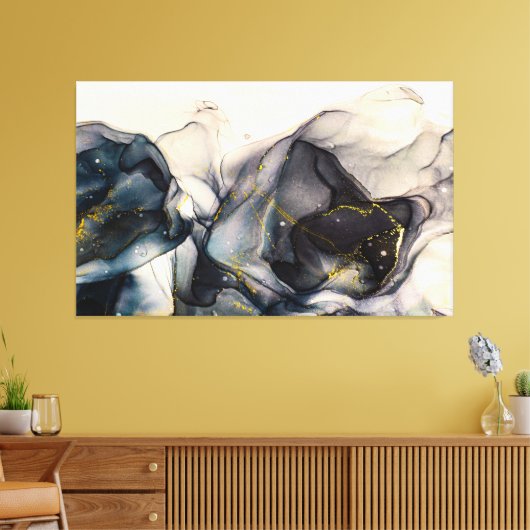 Abstracte zwarte, witte en goudalcoholinkt canvas afdruk (Insitu (Woonkamer))