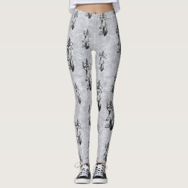 Abstracte zwarte witte glijbloemen op zilver leggings