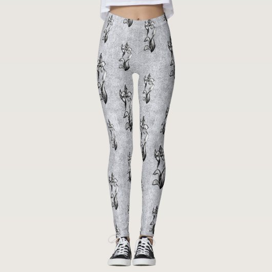 Abstracte zwarte witte glijbloemen op zilver leggings (Voorkant)