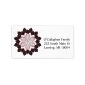 Abstracte zwarte, witte, rode polka punsettia etiket (Voorkant)