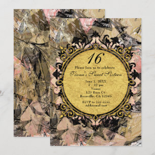 Abstracte Zwirl Pink Black & Gold Party uitnodigin Kaart