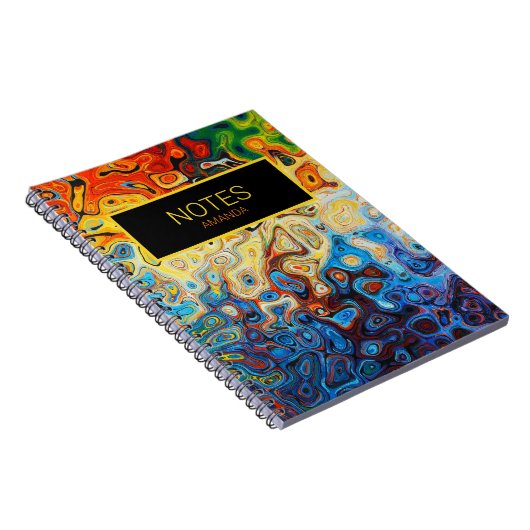 Abstracte Zwirls Moderne Naam Geel Oranje Blauw Notitieboek (Rechterzijde)