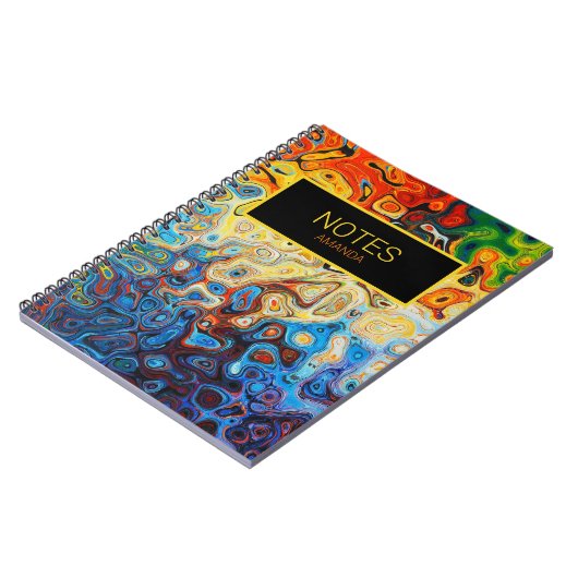 Abstracte Zwirls Moderne Naam Geel Oranje Blauw Notitieboek (Linkerzijde)
