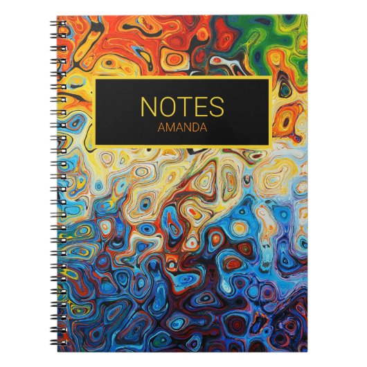 Abstracte Zwirls Moderne Naam Geel Oranje Blauw Notitieboek (Voorkant)