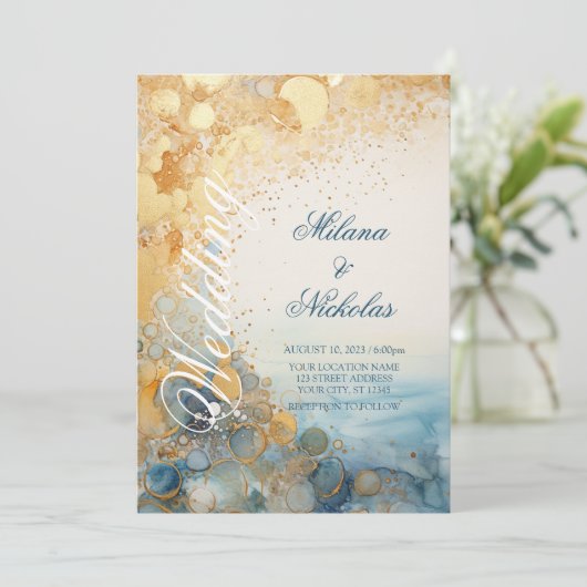 Abstractie, Blauw en Goud, Bruiloft Kaart (Staand voorkant)