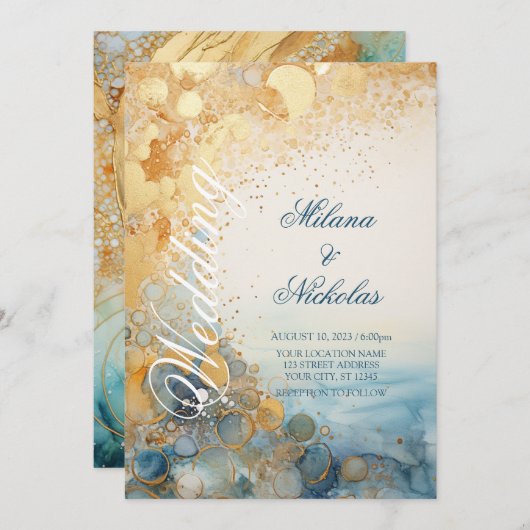 Abstractie, Blauw en Goud, Bruiloft Kaart (Voorkant / Achterkant)