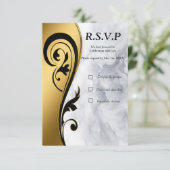 Abstracts goud op zwart en gemengd marmeren textur RSVP kaartje (Staand voorkant)