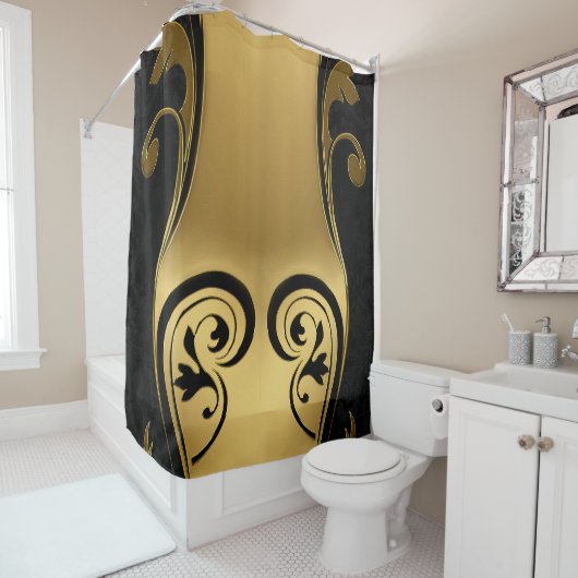Abstracts met gouden accenten op zwart en wit douchegordijn (In situ)