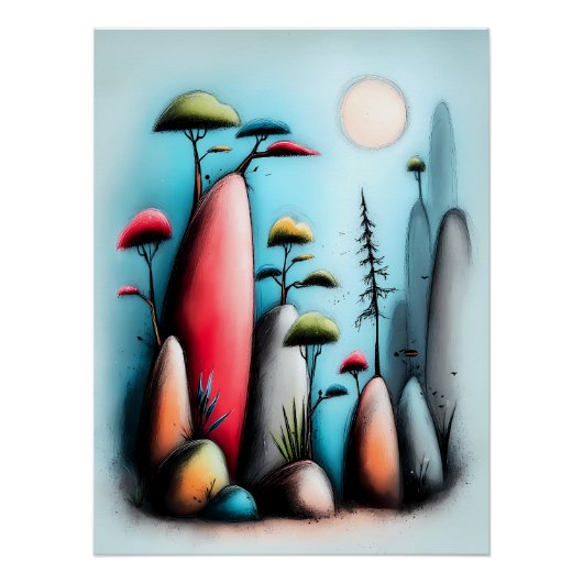 Abstrakte Landschaft mit Bäumen und Mond Perfect Poster (Voorkant)