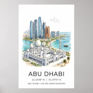 Abu Dhabi Art Print Skyline with Grand Mosque and