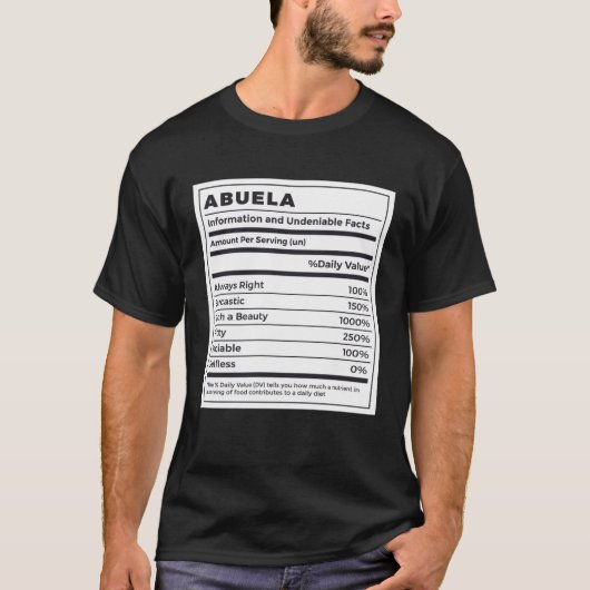 Abuela Nutritional Facts Spanish Grandmother T-shirt (Voorkant)