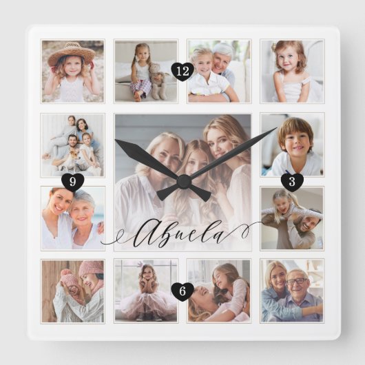 Abuela Script Family Memory Photo Grid Collage Vierkante Klok (Voorkant)