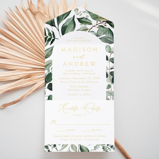 Abundant Greenery Arch Frame Foil Wedding All In One Uitnodiging