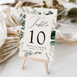 Abundant Greenery Personalized Wedding Kaart<br><div class="desc">Elegant, botanische trouwtafelkaarten met het tabelnummer, uw namen en de trouwdatum die is verneveld in een rechthoekig lijst dat is omringd door eucalyptus, vetten en andere rijke groen op een crèmeachtergrond. Pas het aantal voor elke lijstkaart aan en voeg het aan uw kar toe. Ontworpen om te coördineren met ons...</div>