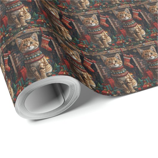 Abyssijnse kat met kerstcadeaus open haard cadeaupapier (Rol Hoek)
