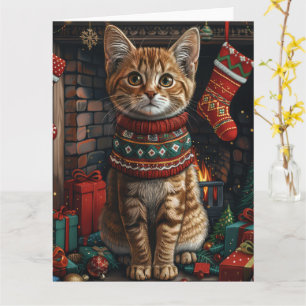 Abyssijnse kat met kerstcadeaus open haard kaart