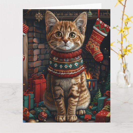 Abyssijnse kat met kerstcadeaus open haard kaart (Gele Bloem)