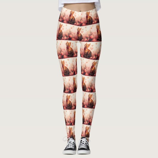 Abyssijnse Kat met Rozen - Valentijnsdag Leggings (Voorkant)