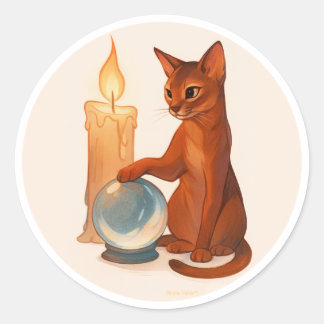 Abyssijnse kat met zilveren kristallen bol ronde sticker