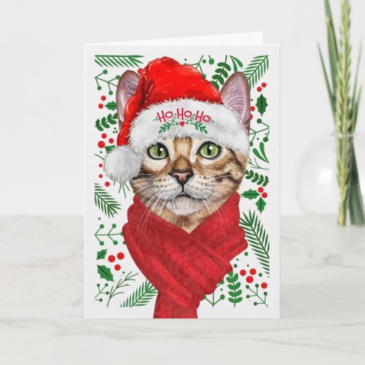 Abyssiniaanse kat Ho Ho Santa Hat Meowy Kerstmis Feestdagen Kaart (Voorkant)