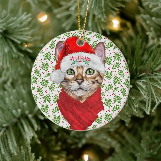 Abyssiniaanse kat Ho Ho Santa Hat Meowy Kerstmis Keramisch Ornament (Boom)