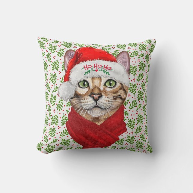 Abyssiniaanse kat Ho Ho Santa Hat Meowy Kerstmis Kussen (Voorkant)