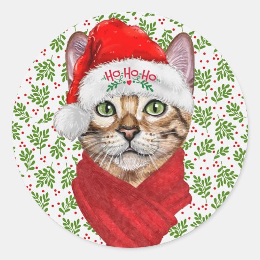 Abyssiniaanse kat Ho Ho Santa Hat Meowy Kerstmis Ronde Sticker (Voorkant)