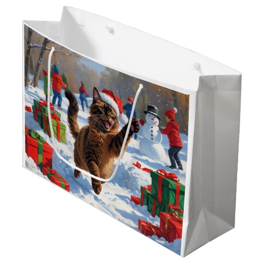 Abyssinian Cat Christmas Feestelijke Sneeuwscène Groot Cadeauzakje (Voorkant Gekanteld)