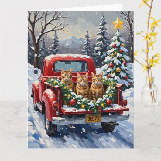 Abyssinian Cat Christmas Red Truck Holiday Kaart (Gele Bloem)