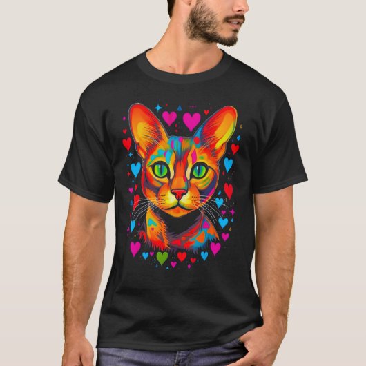 Abyssinian Cat Pink Blue Red Heart T-shirt (Voorkant)