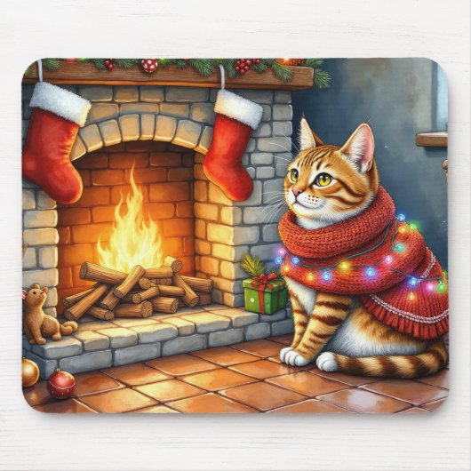 Abyssinian Cat Sitting by Fireplace with Christmas Muismat (Voorkant)