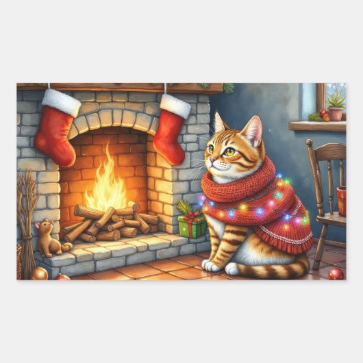 Abyssinian Cat Sitting by Fireplace with Christmas Rechthoekige Sticker (Voorkant)