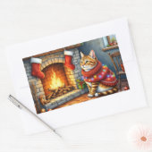 Abyssinian Cat Sitting by Fireplace with Christmas Rechthoekige Sticker (Envelop)