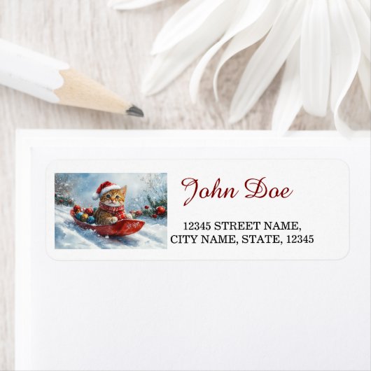 Abyssinian Cat Snow Christmas Retouradres Etiket (Insitu)