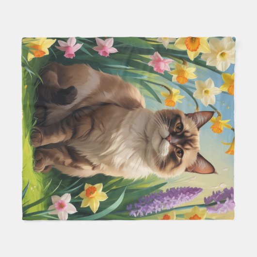 Abyssinian Cat Spring Flowers Painting Fleece Deken (Voorkant (Horizontaal))