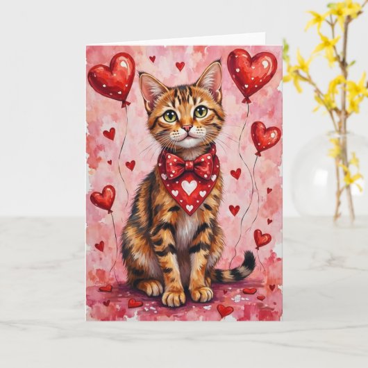 Abyssinian Cat Valentine Sitting with Hearts Red Kaart (Gele Bloem)