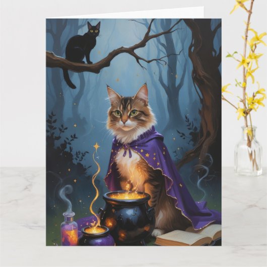 Abyssinian Cat Whimsical Halloween Schilderij Kaart (Gele Bloem)