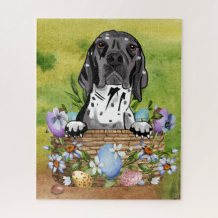 Abyssische en doodsbange hond in paashunt mandje legpuzzel
