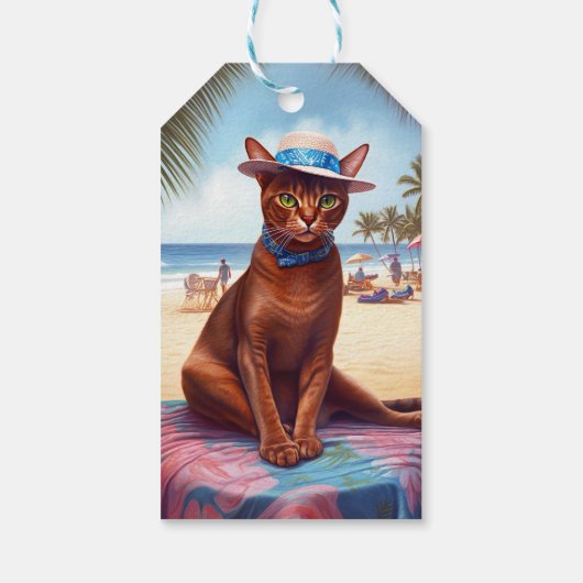 Abyssische kat op strand, zomercadeau voor kattenl cadeaulabel (Achterkant)