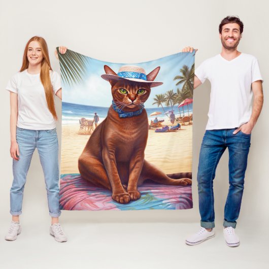 Abyssische kat op strand, zomercadeau voor kattenl fleece deken (In situ)