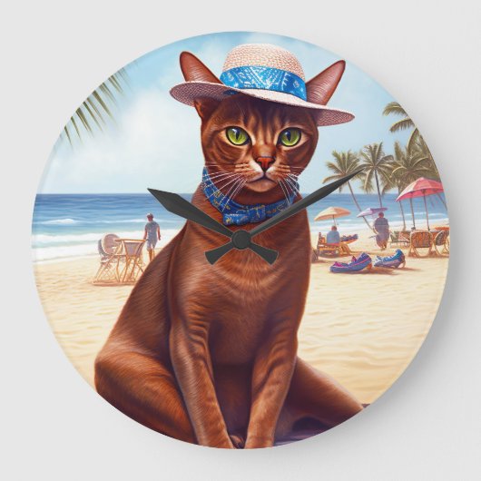 Abyssische kat op strand, zomercadeau voor kattenl grote klok (Voorkant)