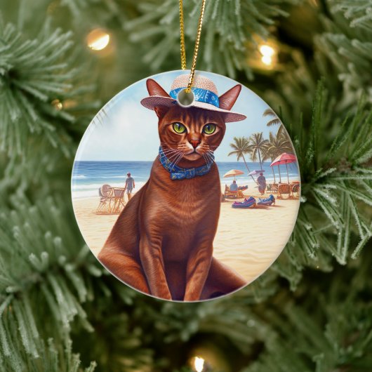 Abyssische kat op strand, zomercadeau voor kattenl keramisch ornament (Boom)