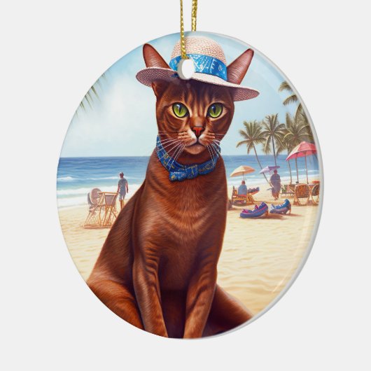 Abyssische kat op strand, zomercadeau voor kattenl keramisch ornament (Links)
