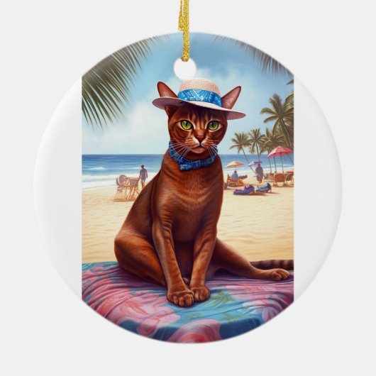 Abyssische kat op strand, zomercadeau voor kattenl keramisch ornament (Achterkant)